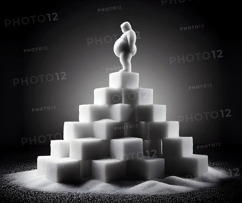 A severely overweight man with obesity stands on a pyramid of sugar cubes, symbolic image disease, obesity, diabetes, AI generated, AI generated