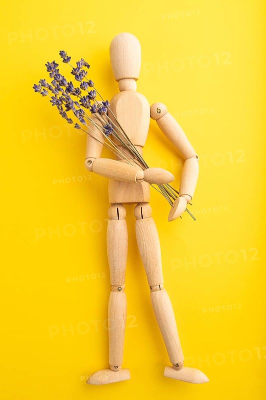Wooden mannequin holding lavender flowers on yellow pastel background. close up, isolated, summer, gardening concept
