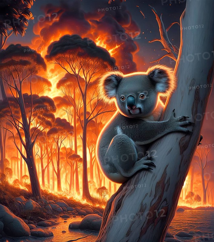 Climate change, global warming, bushfires, a koala in Australia sitting on a burning eucalyptus tree, AI generated, AI generated