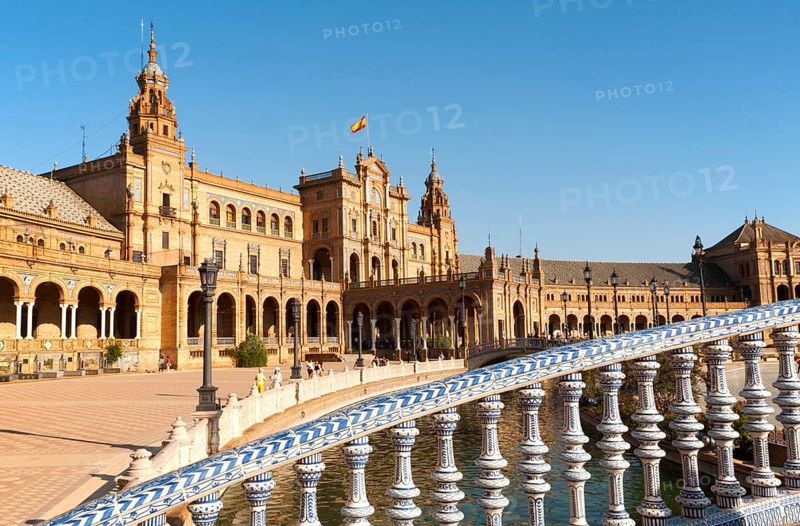The Plaza de España, Seville, Spain built for the Ibero-American Exposition of 1929. It is a landmark example of the Renaissance Revival style in Spanish architecture