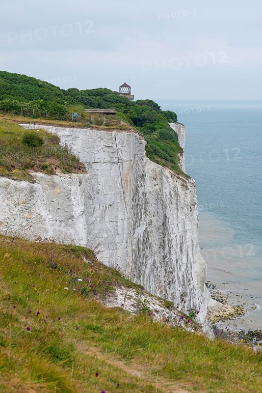 View of chalk cliffs with bushes and trees and a tower in the background and the sea below, White cliffs of Dover, St Margaret's Bay or Saint Margarets at Cliffe, Kent, England, English Channel, United Kingdom, Europe