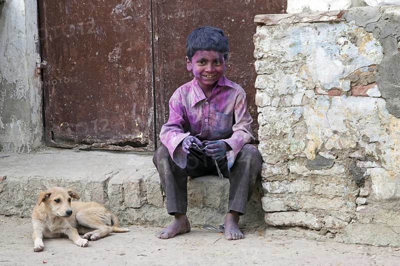 Child with dog covered in pink dye celebrating the Holi festival, Festival of Colours in Vrindavan, Uttar Pradesh, India, Asia