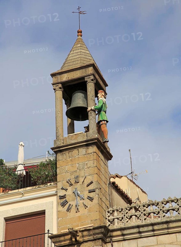 Bell tower Ayuntamiento town hall Abuelo Mayorga figure, Plasencia, Caceres province, Extremadura, Spain, Europe