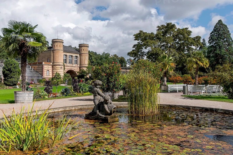 Water lily basin in front of the archway building, Botanical Garden in Karlsruhe Palace Gardens, Karlsruhe, Baden-Wuerttemberg, Germany, Europe