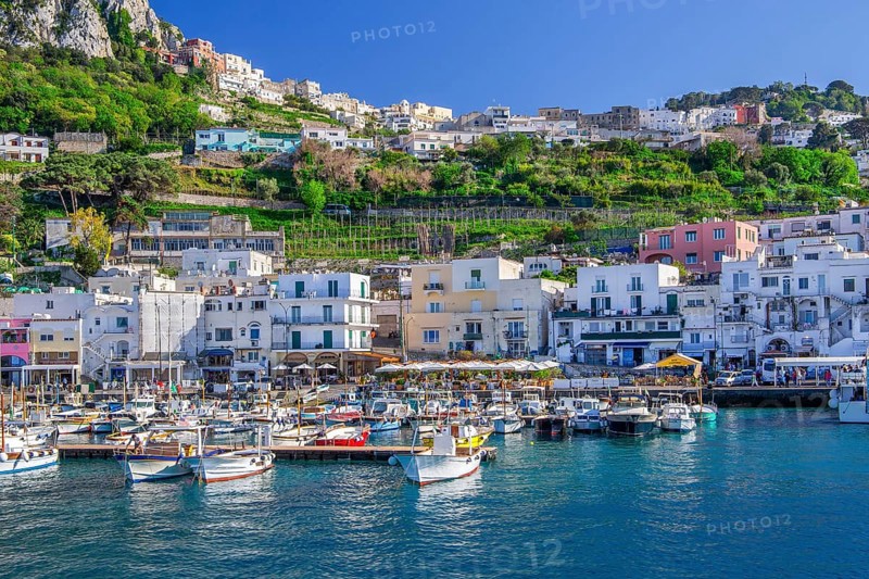 Waterfront at the Marina Grande boat harbour with excursion boats, Capri, Campanian Archipelago, Gulf of Naples, Tyrrhenian Sea, Campania, Italy, Europe