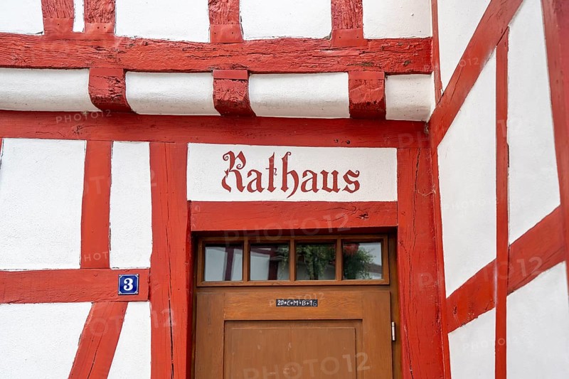 Entrance to the town hall, in the four-gabled house, Monreal, idyllic half-timbered town in the Elz valley, in the district of Mayen-Koblenz, in Rhineland-Palatinate, Germany, Europe