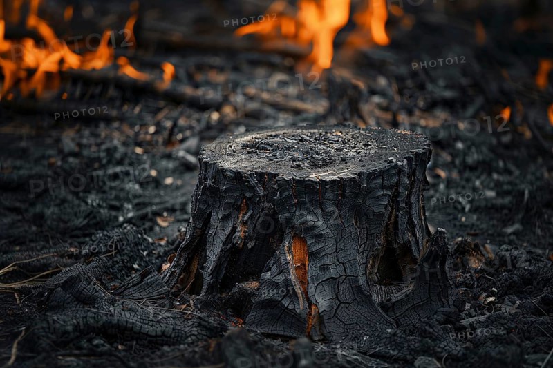 Black burned tree stump in forest. Generative Ai, AI generated