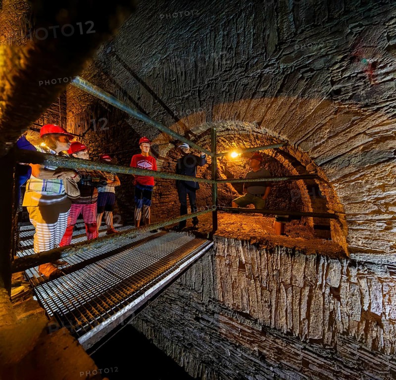 Wheel room of the Unverhofft Segen Gottes Erbstolln in Oberschöna, where there is a 13 metre high and 2.5 metre wide vault, in which a water wheel was operated in the 18th century, which kept the pumps running at a depth of 70 metres, 19th Day of the Mining and Metallurgy Exhibition in the District of Central Saxony, Oberschöna, Saxony, Germany, Europe