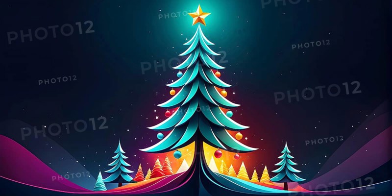 Abstract Christmas tree illustration with vibrant colors and geometric shapes, AI generated