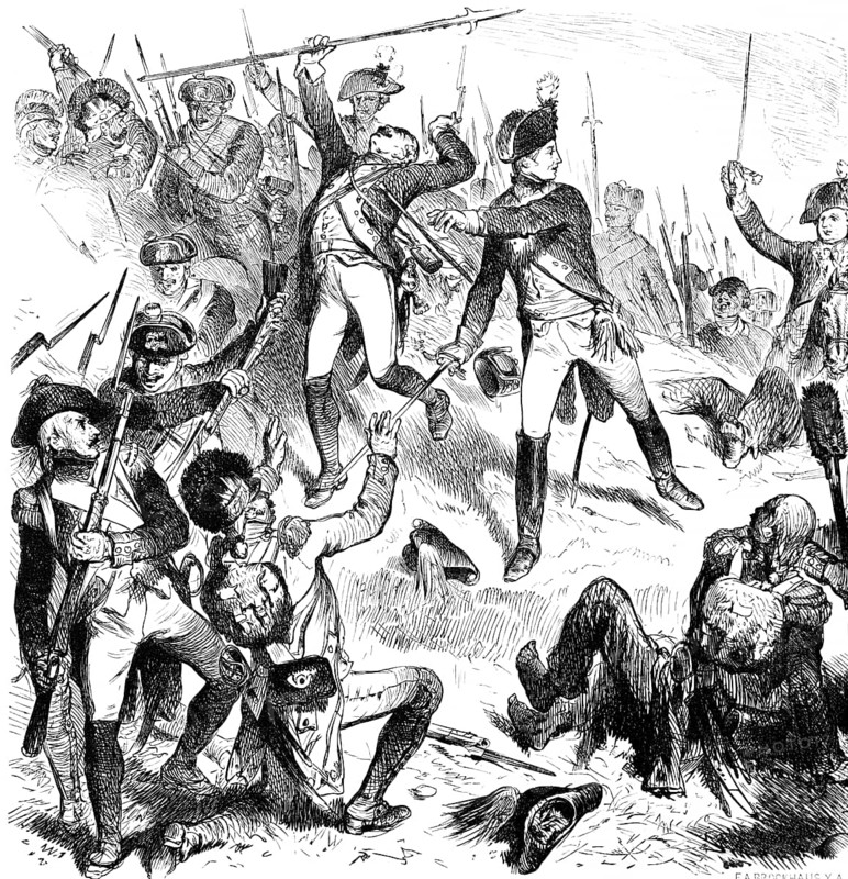 Storming of Kostheim 1793, Prussian crown prince drives out the French, courage, leader, battle, war, soldiers, death, wounded, weapons, rifles, swords, Hohenzollern, military, Prussia, historical illustration 1882