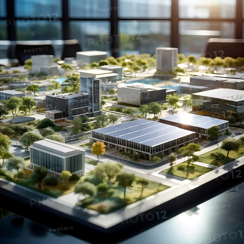 Scale model of a solar park on a polished conference table, AI generated