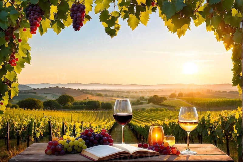 AI generated wine tasting table setup with wine and vine grapes nestled subtly amidst a thriving vineyard bathed in golden hour light