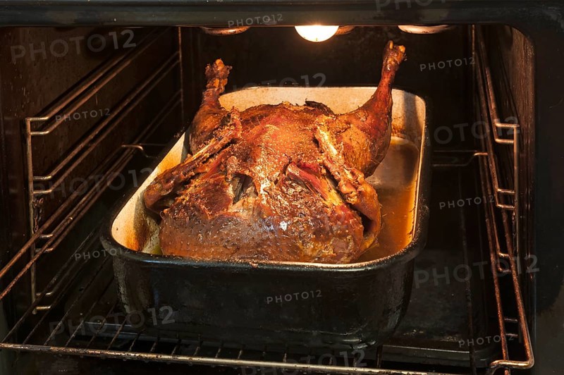 Crispy roast duck in a roasting tin in the oven, Bavaria, Germany, Europe