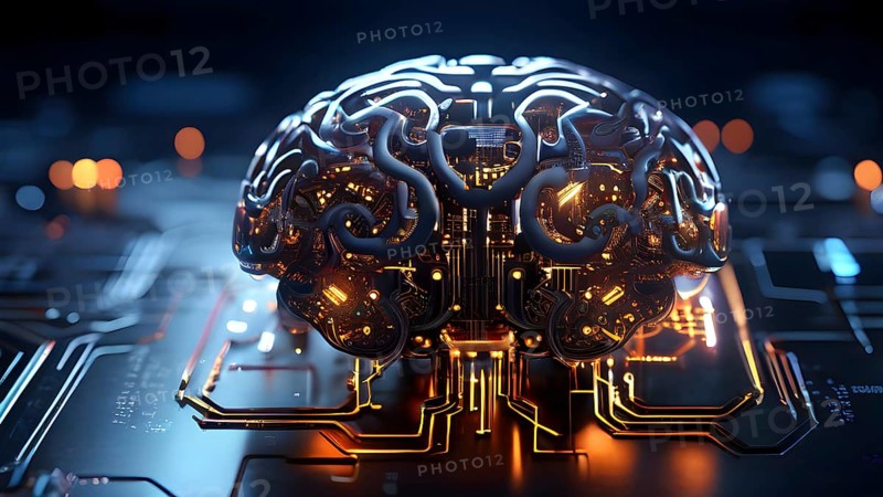 Human brain intricately interlinked with the circuits of a computer board symbolizing artificial intelligence, AI generated