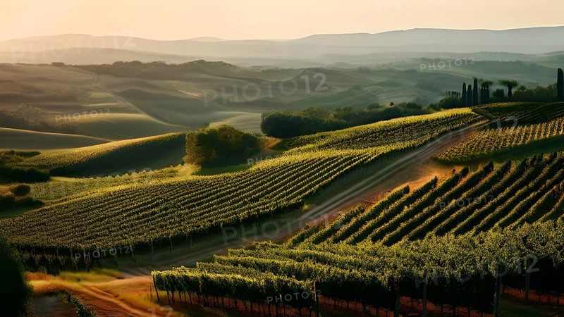 Aerial view of winding vineyard rows snake through rolling hills under atmospheric summer sun, AI generated