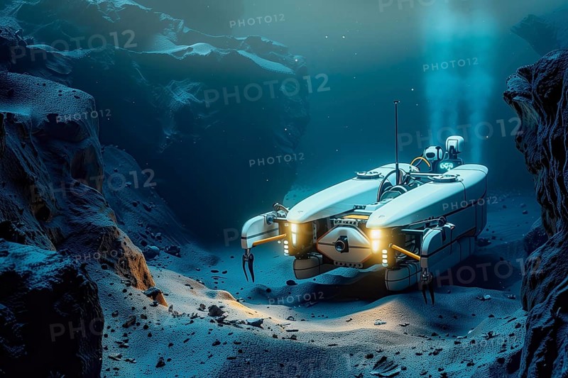 Deep sea exploration and mining in abyssal plains performed by AUV and autonomous drones, AI generated