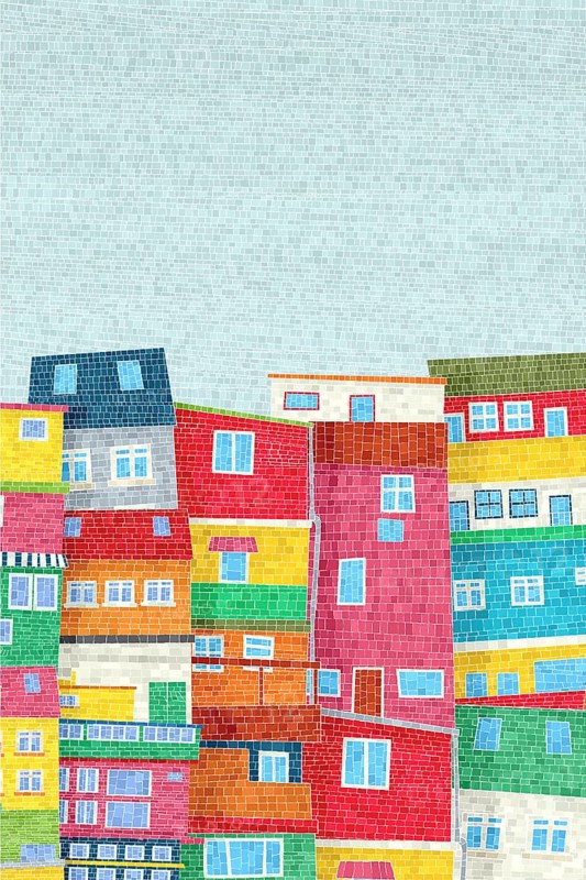 Colored houses of a favela. Graphic art vector mosaic