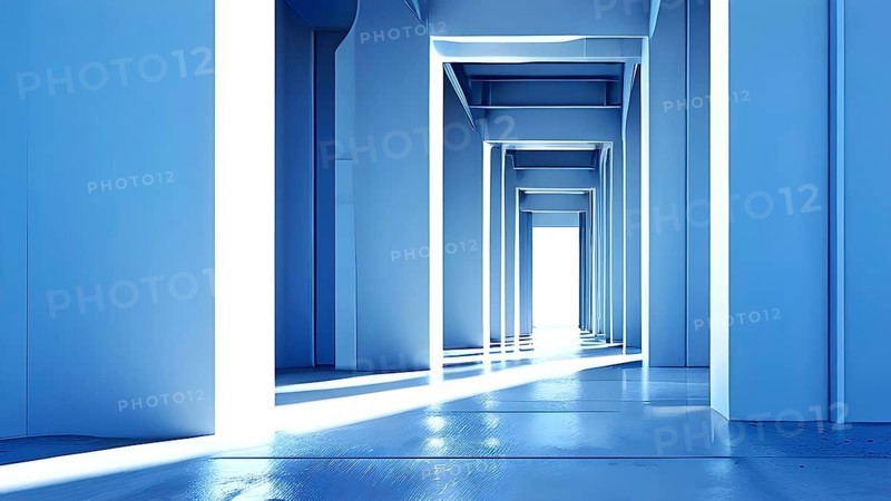 Windows aligned within an elongated tunnel permeated with gradients of light blue hues, AI generated