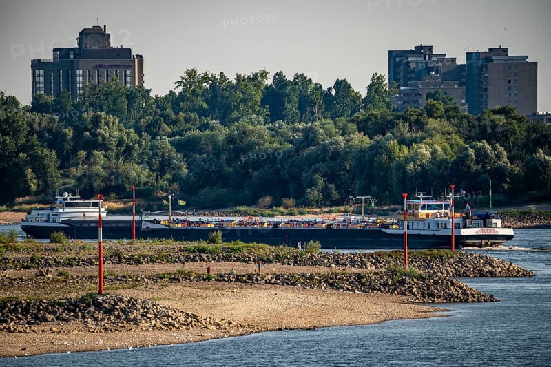Rhine between Düsseldorf and Neuss, extremely low water, Rhine level at 47 cm, falling, barge in front of the sandbank, freighters may only travel with very reduced cargo and very slowly, North Rhine-Westphalia, Germany, Europe