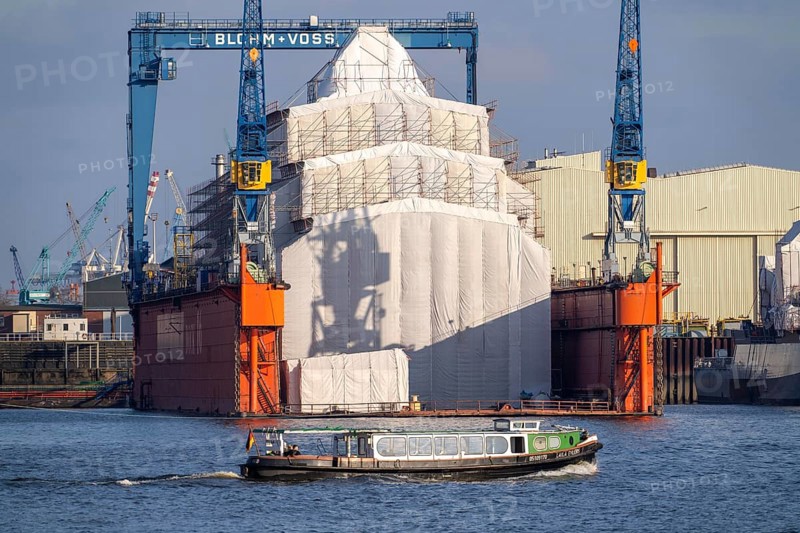 Blohm + Voss shipyard, Dock 16, scaffolded ship in dry dock, harbour tour on the Elbe, Hamburg, Germany, Europe