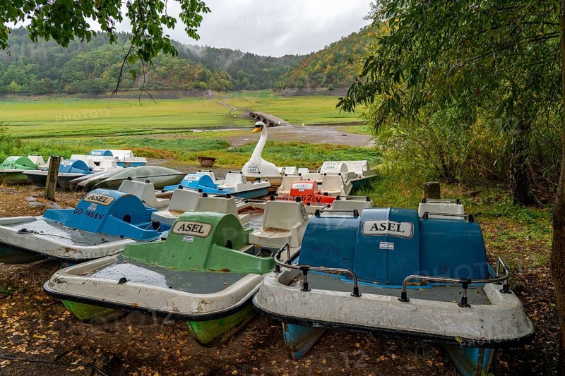The Edersee, near Waldeck, the third largest reservoir in Germany, is currently only 13% full, the lake was last full in May 2022, dried out due to lack of rain, boat hire on dry land, near Asel-Süd, Asel bridge, the lake shore and the lake bed is overgrown with fresh grass, Hesse, Germany, Europe