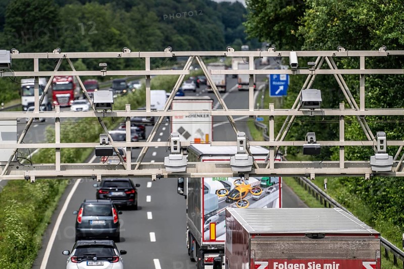 Sensors on a toll bridge, for recording motorway tolls, on the A43 motorway near Dülmen, Münsterland, North Rhine-Westphalia, Germany, Europe