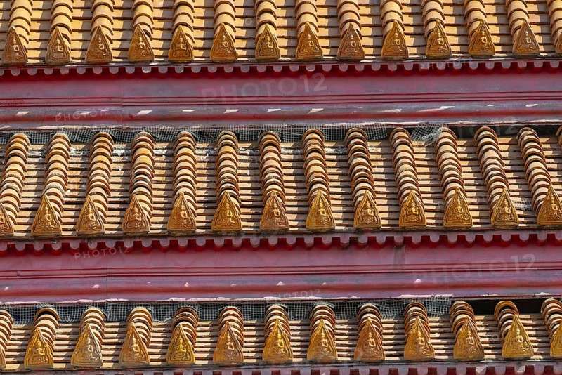 Roof decoration at the Uposatha Hall, Ubosot, the roof is staggered in three tiers and covered with rows of golden yellow glazed Chinese tiles, the last tile of each row at the eaves represents a heavenly angel offering the traditional Thai obeisance Wai to the viewer with folded hands, Wat Benchamabophit, marble temple, Bangkok, Thailand, Asia
