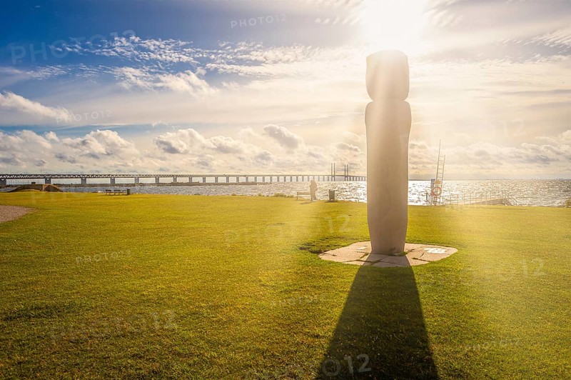 Öresund Bridge, Öresund shore, Malmö, Sweden, obelisk, meadow, sunset, backlight, public ground, Europe