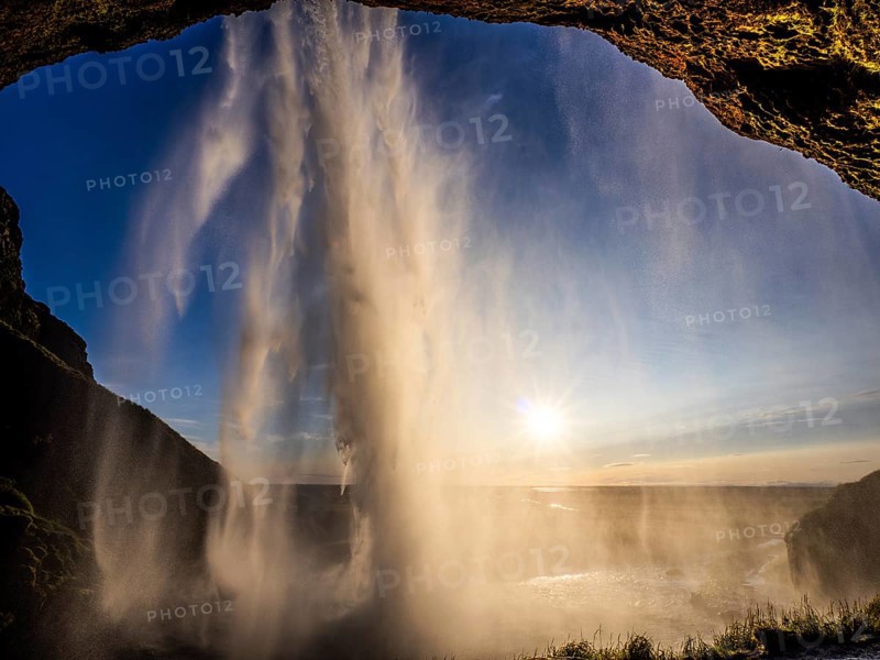 Seljalandsfoss waterfall, backlight shot, South Iceland, Iceland, Europe