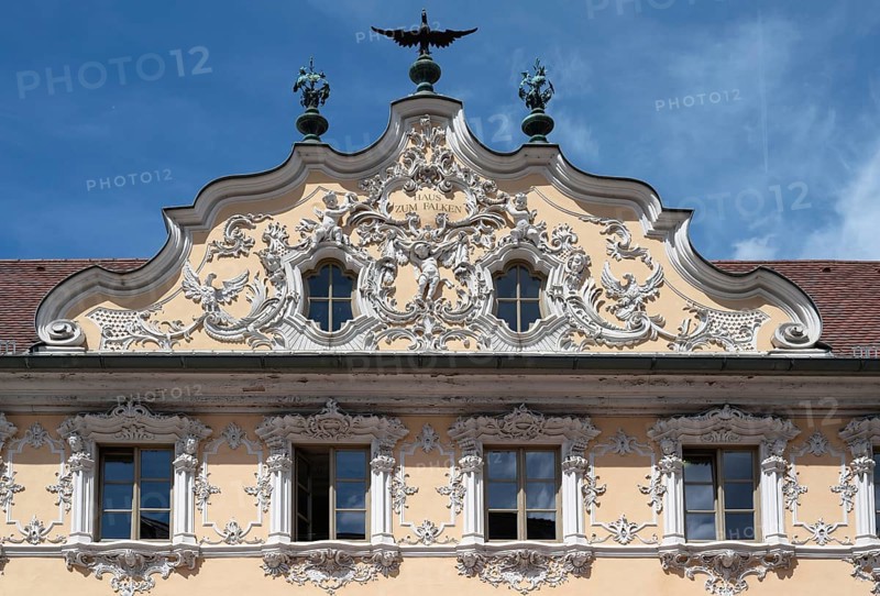 Haus zum Falken, façade and gable in rococo style, detail, Oberer Markt, Würzburg, Lower Franconia, Bavaria, Germany, Europe