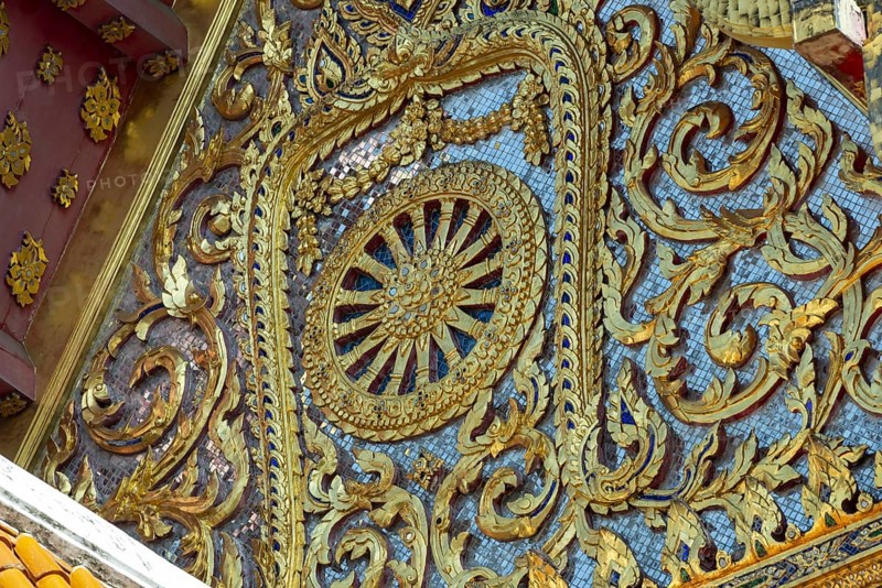 Wheel of Life in the pediment of the Uposatha Hall, Ubosot, Wat Benchamabophit, marble temple, Bangkok, Thailand, Asia