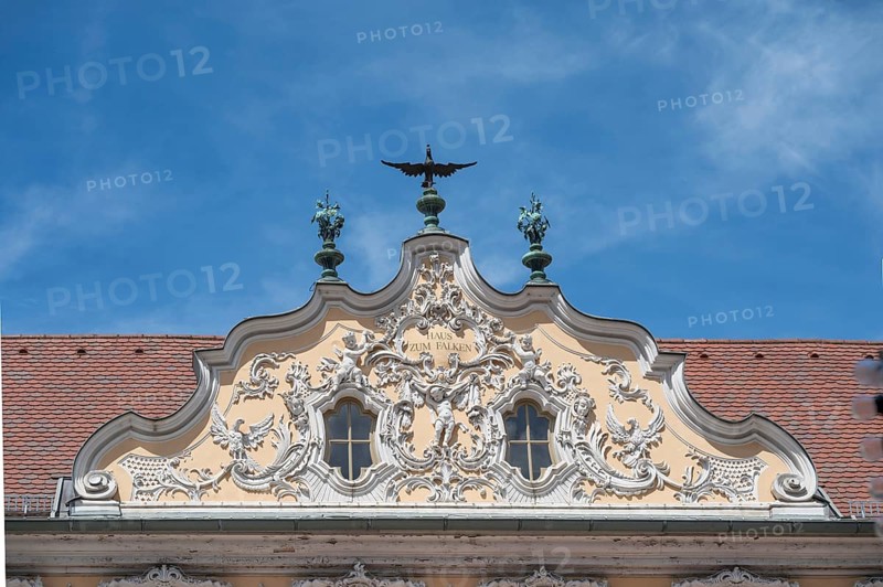 Haus zum Falken, façade and gable in rococo style, detail, Oberer Markt, Würzburg, Lower Franconia, Bavaria, Germany, Europe