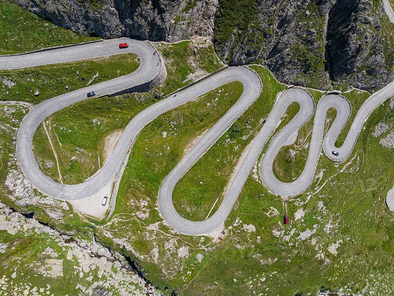 La Tremola, world-famous serpentine road through the Val Tremolo, road construction monument, Alpine pass with 24 hairpin bends. Old Gotthard Pass. Drone photo. Airolo, Canton Ticino, Switzerland, Europe