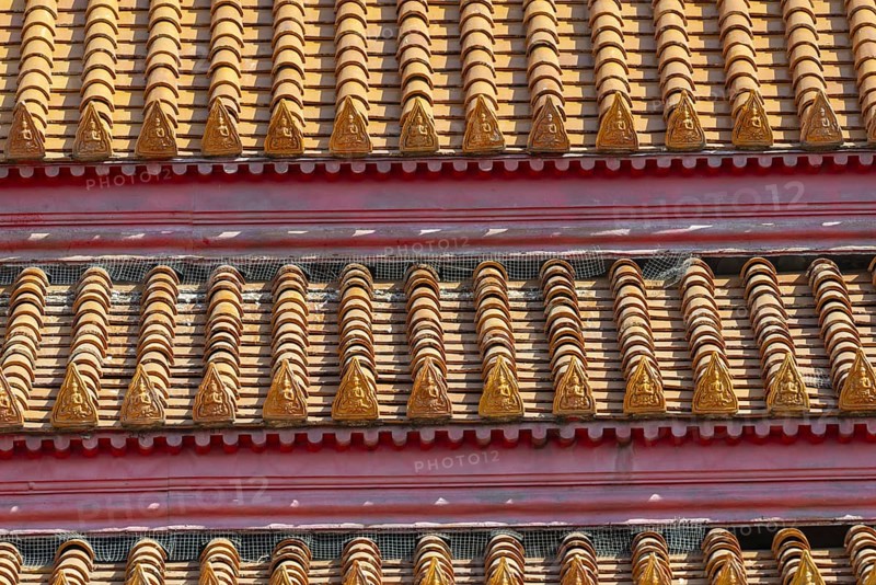 Roof decoration at the Uposatha Hall, Ubosot, the roof is staggered in three tiers and covered with rows of golden yellow glazed Chinese tiles, the last tile of each row at the eaves represents a heavenly angel offering the traditional Thai obeisance Wai to the viewer with folded hands, Wat Benchamabophit, marble temple, Bangkok, Thailand, Asia