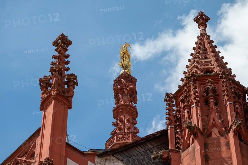 Towers and golden statue of the Virgin Mary of the Gothic St Mary's Chapel, Würzburg, Lower Franconia, Bavaria, Germany, Europe