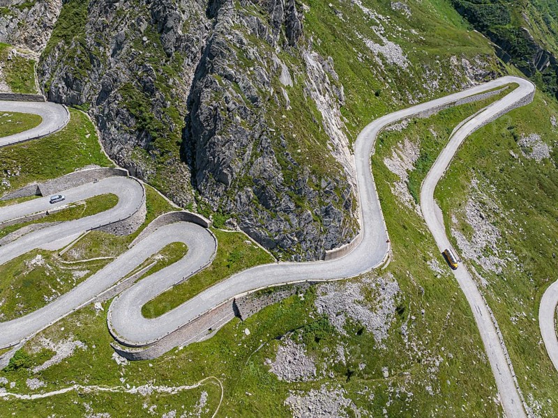 La Tremola, world-famous serpentine road through the Val Tremolo, road construction monument, Alpine pass with 24 hairpin bends. Old Gotthard Pass. Drone photo. Airolo, Canton Ticino, Switzerland, Europe