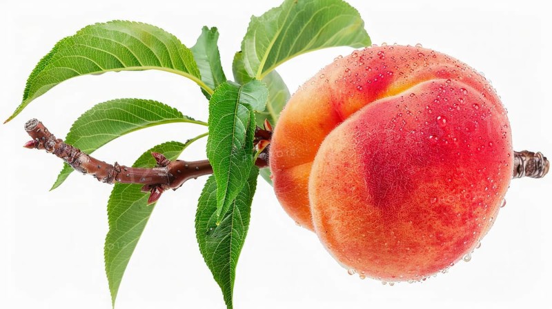 Close-up of a single peach with leaves and water droplets on a branch, AI generated