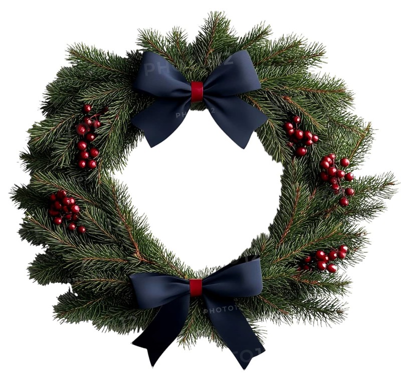 Beautifully crafted Christmas wreath with lush green pine needles, bright red berries, and a luxurious dark blue bow on a transparent background, AI generated