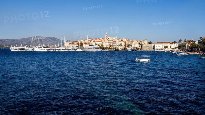 Ships anchored off Korcula, Korcula Island, Dalmatia, Croatia, Europe