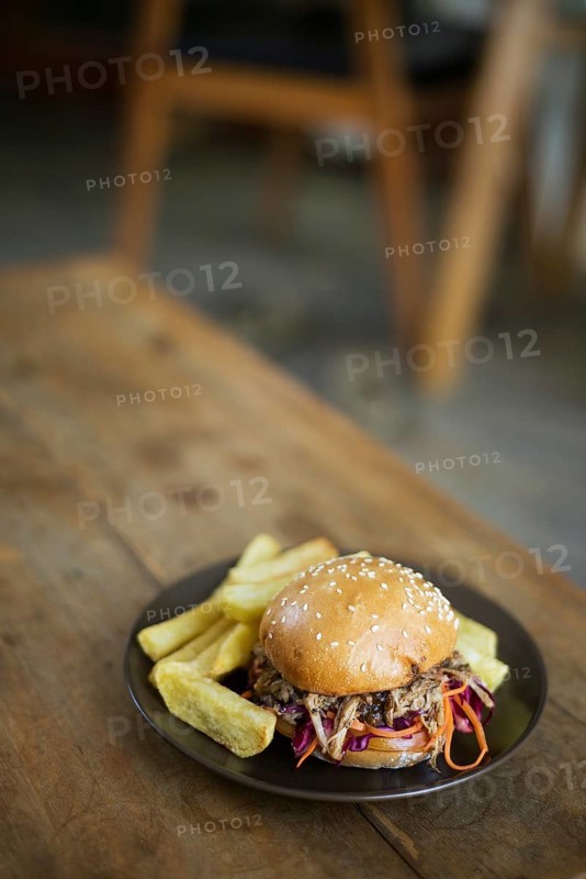 Pulled pork bun with thick fries
