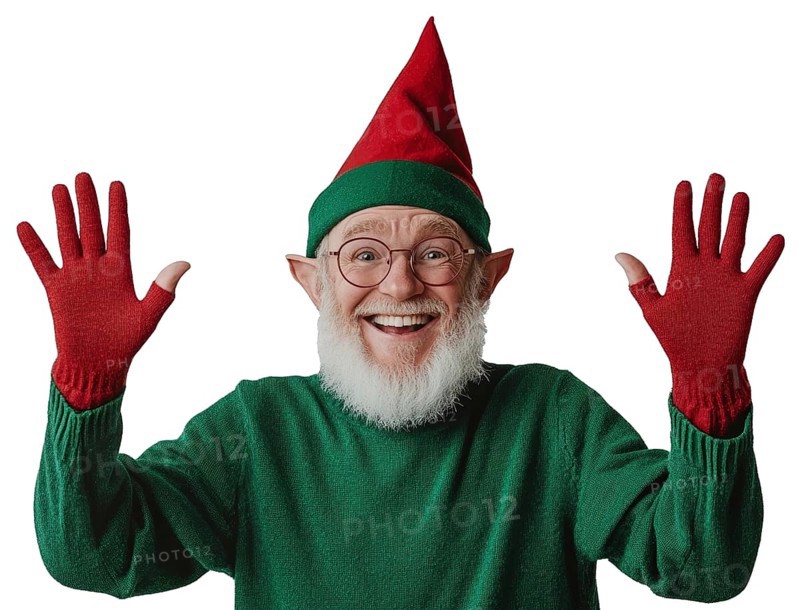 An elf raises his hands expressing joy during the festive Christmas season, AI generated