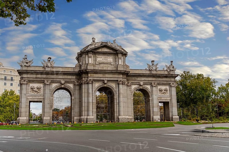 The Puerta de Alcalá is a Neo-classical gate in the Plaza de la Independencia in Madrid, Spain, Europe