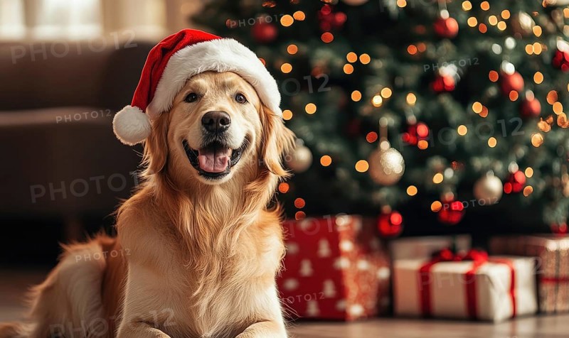 A dog wearing a Santa hat is laying on the floor in front of a Christmas tree. The dog appears to be happy and content, and the scene is festive and joyful AI generated