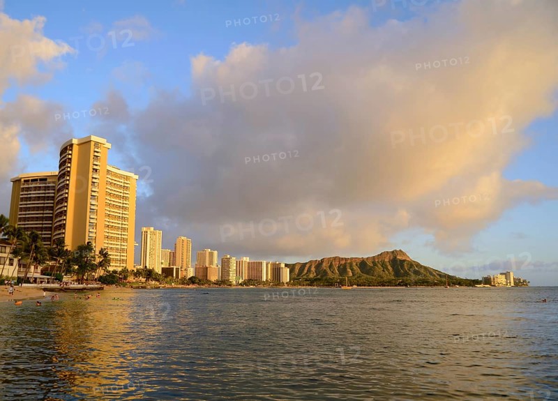 Waikiki, Hawaii, Bathed In Golden Evening Sunlight
