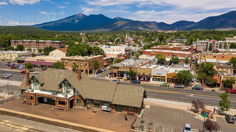 Cars trucks and motorcycles move along Route 66 in Flagstaff