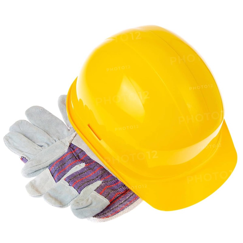 Yellow plastic hard hat and protective gloves isolated on white background. Safe labor concept