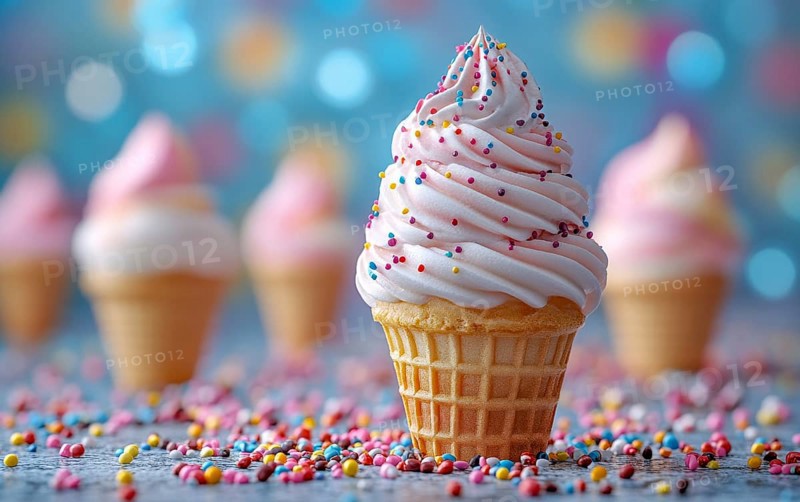 Pink ice cream cone with sprinkles in a bokeh setting with other cones in the background, AI generated