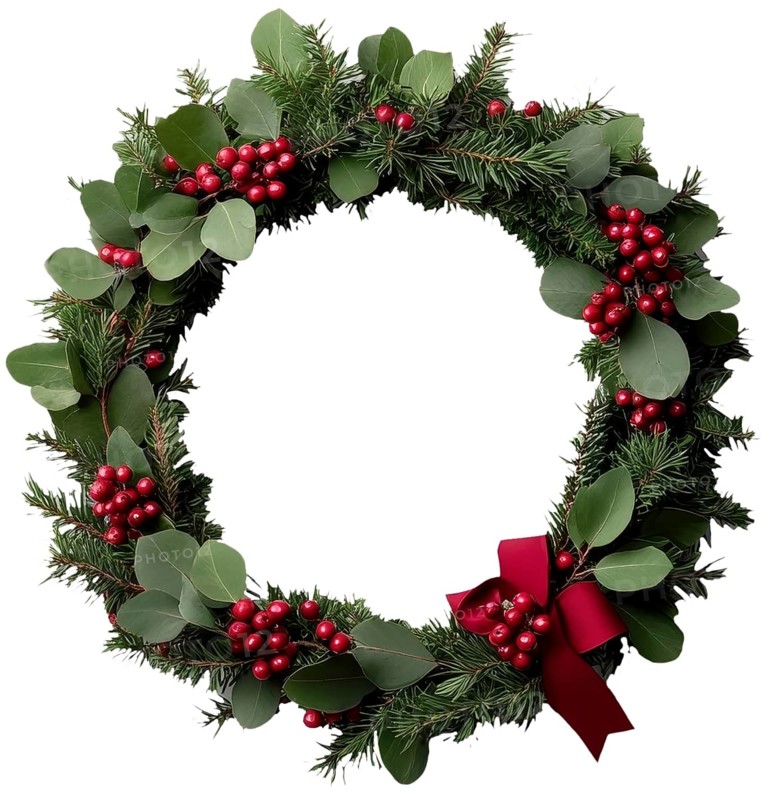 A beautifully crafted Christmas wreath with lush foliage, clusters of red berries, and a red bow ideal for Christmas decoration, AI generated