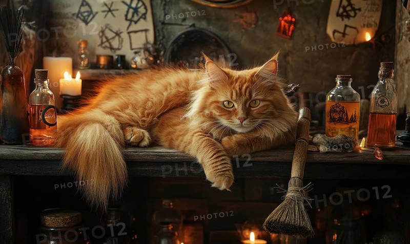 Fluffy gray cat lounging on a wooden shelf in the witches room AI generated