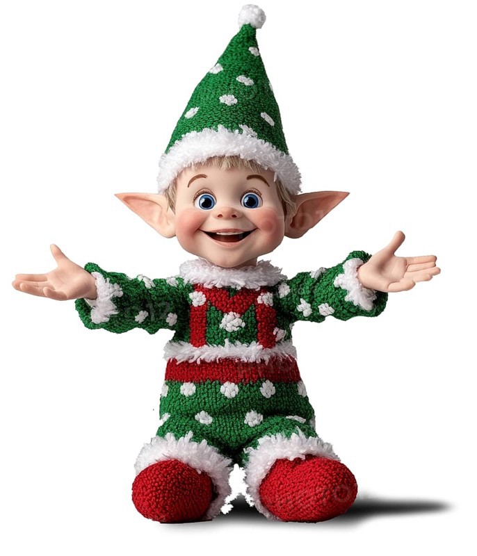 A cheerful elf doll dressed in a green and red outfit with white accents, festive hat and open arms, smiling cheerfully. Perfect for Christmas decorations or festive scenes. with transparent background, AI generated